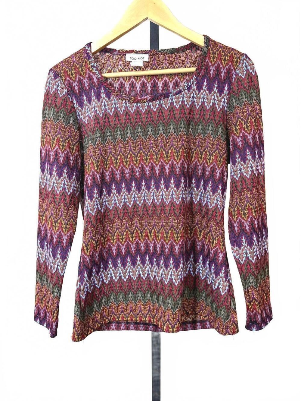 90s Too Hot Women's Long Sleeve Knit Top with Zigzag Pattern Small